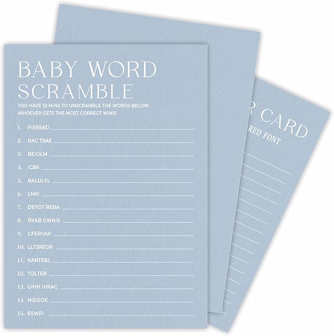 Minimalism Baby Shower Game Kit - Baby Word Scramble - Mist Blue - 30 Fill-In Game Cards & 1 Answer Card, Gender Reveal, Party Favor & Decor