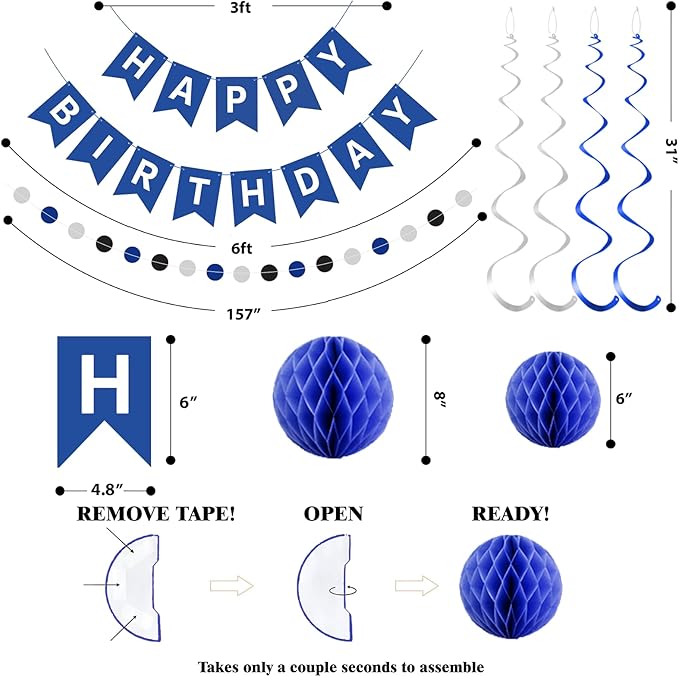 Blue Birthday Decorations,Blue and White Happy Birthday Banner with Honeycomb-Style Decorative Balls,Feet Circle Dot Garland,Stars Swirls Streamers,Blue Birthday Decorations for Men Women Boys Girls