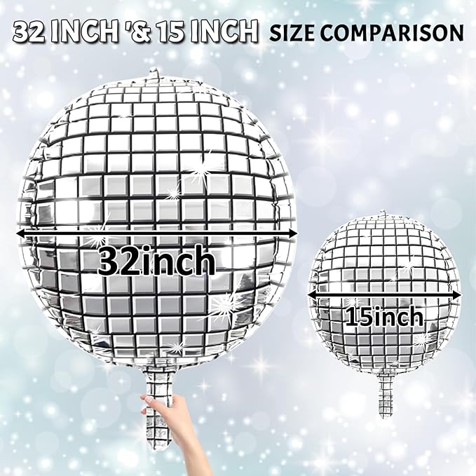 Disco Ball Balloons 32 Inch 5 Pcs 4D Ball Balloons Metallic Silver Disco Mylar Balloon Chrome for Birthday Bachelorette 70s 80s 90s Themed Graduation Retro New Year Eve Prom Party Decorations