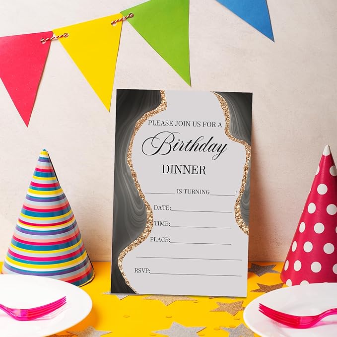 Black and Gold Birthday Party Invitation, Dinner Invitations Card for Girls, Teens, Adults, Birthday Dinner Invitation, 20 Party Invitations with Envelopes
