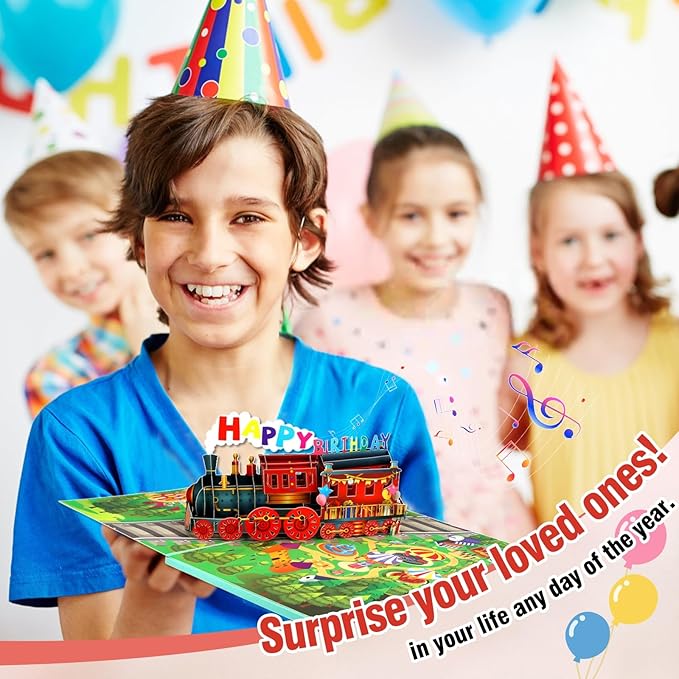 FaCraft Train Musical Birthday Cards for Kids - Music and Light, 3D Pop Up Happy Birthday Cards with Envelope Blank Insert for Boys Women Men Girls