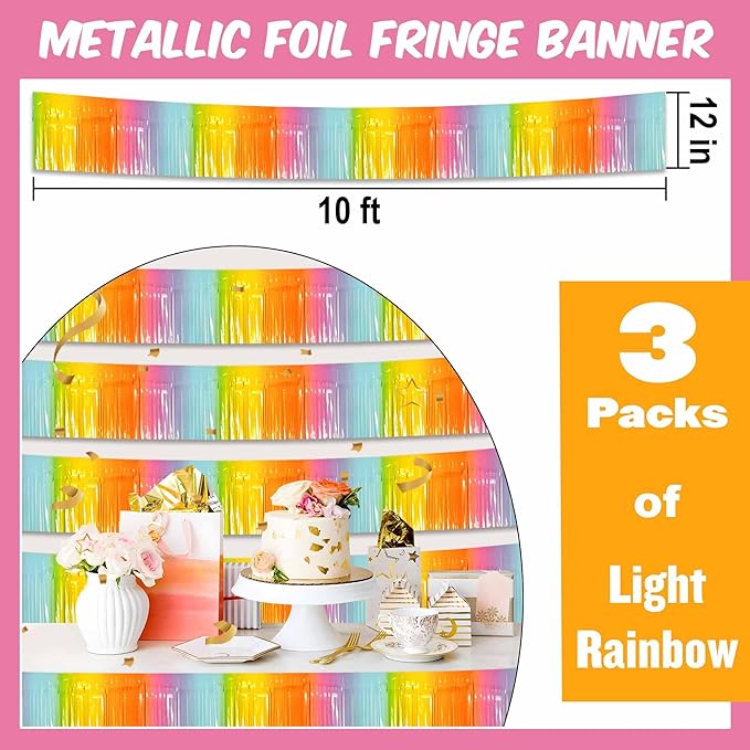 3 Pack 10 Ft Light Rainbow Foil Fringe Garland Metallic Streamers Tinsel Banner Wall Hanging Garland Backdrop for Parade Floats, Halloween, Christmas, Thanksgiving, New Year Party Decorations