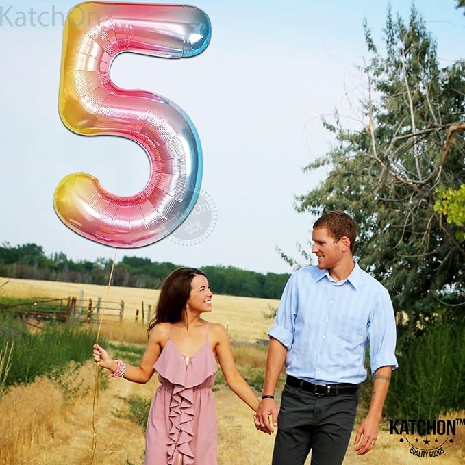 KatchOn Giant Rainbow Number 5 Balloon - 40 Inch | 5th Birthday Decoration, Unicorn Party Décor