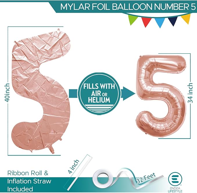 40 Inch Large Rose Gold Number Celebration and Decoration Balloon for Birthday Parties, Graduations, Anniversaries, Weddings, Photo Shoots, Special Events (Rose Gold Number 5)