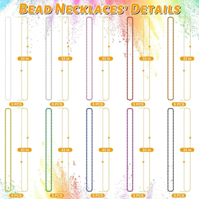 50PCS Mardi Gras Beads, Metallic 10 Kinds of Bead Necklace Party Favors, 33" Mardi Gras Necklace Stuff, Festival Parade Throw Accessories for Wedding Birthday Celebrations Decorations