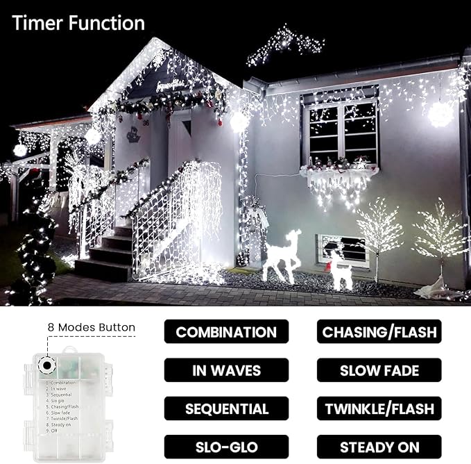 4 Pack String Lights Battery Operated with Timer, 66FT 200 LED Waterproof Battery Twinkle Lights, 8 Modes Fairy Light for Indoor & Outdoor Party Bedroom Porch Tree Christmas Decorations (Cool White)
