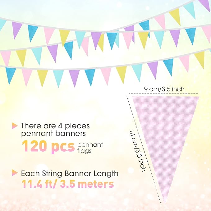 Tatuo 120 Pcs/45 Feet Pennant Banner Flags 4 Pack Pastel Garland Party Decorations Colorful Triangle Bunting Banner Fabric Pennant Flag for Pastel Birthday Easter Garden Baby Shower Wedding Outdoor