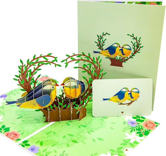Love Birds Pop Up Card, Couple Finches Kissing, Romantic Bird Greeting Cards for Anniversary Wedding, Romantic Handmade Love Birds Card for Couples, Husband Wife, Him Her, Birthday, Engagement.