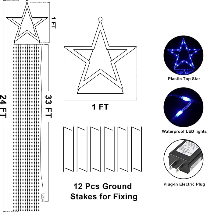 Onory Christmas Outdoor Star String Lights 23FT 860 LED Waterproof Waterfall Tree Lights with Star Topper, 8 Modes Christmas Decorations Outdoor Tree Lights for Patio, Yard, Party Holiday Dec