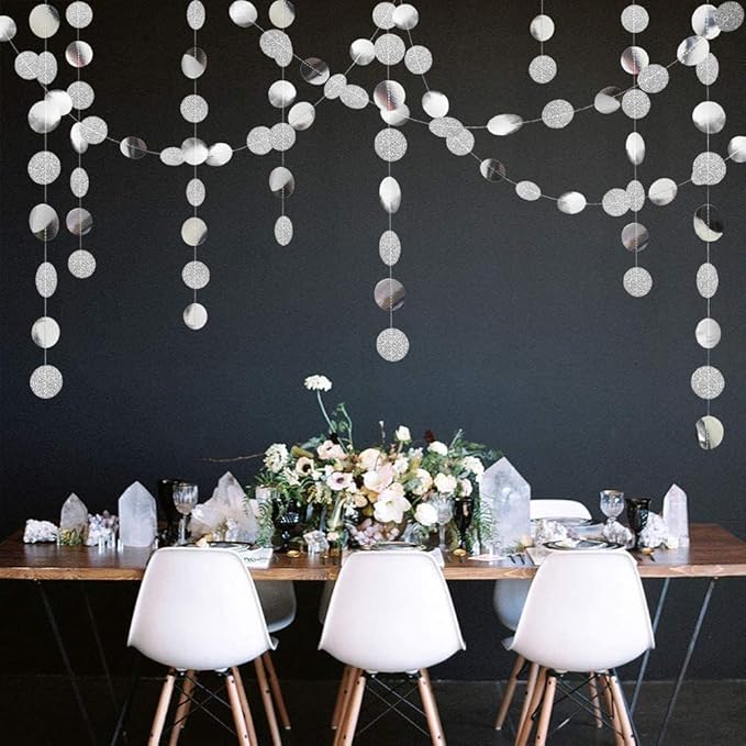 Shining Silver Circle Dots Hanging Garland Sparkling Silver Circle Dots Hanging Streamer Glitter Bunting Banner Backdrop for Wedding Baby Shower Birthday Xmas Decor 40 Feet