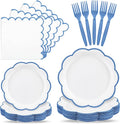 96 Pcs Blue and White Paper Plates and Napkins Set, Tableware set for 24 Guest include White Dessert Plates with Blue Scalloped Edge, Napkins and Forks for Baby Boy Shower, Bridal Shower, Wedding