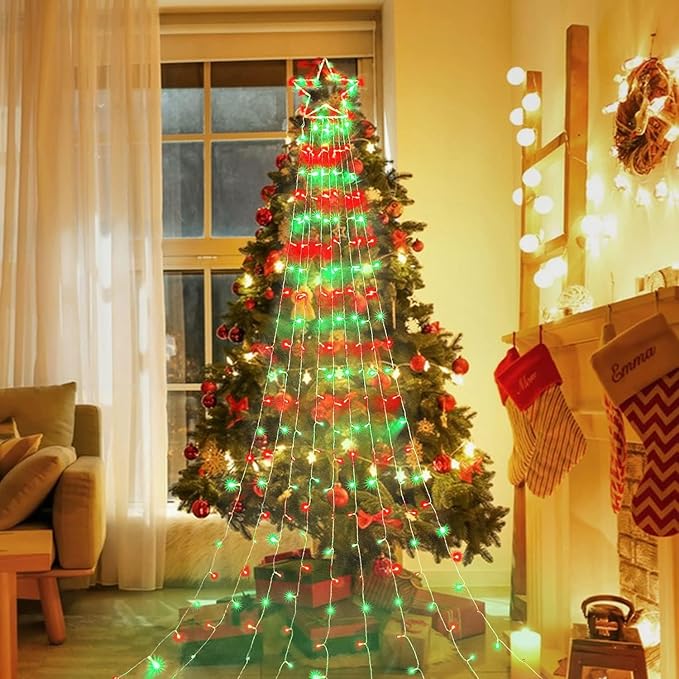 Christmas Decorations Star String Lights, 320 LEDs Outdoor Waterfall Tree Lights with 13" Topper Star, Plug in Waterproof Hanging Fairy Lights for Xmas New Year Holiday Party Yard Decor