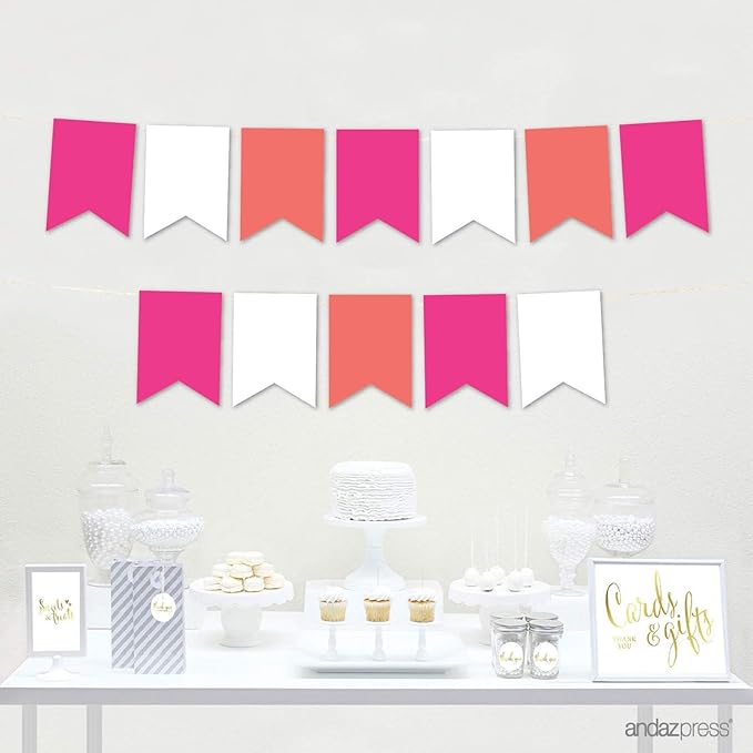 Andaz Press Hanging Pennant Banner with String, Fuchsia, White, Coral, 1-Set, 24 Pennants, Approx. 12-Feet Long