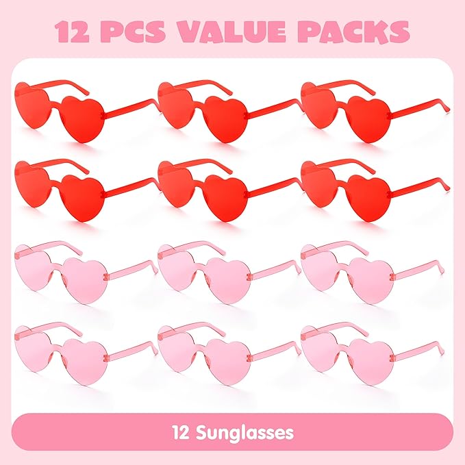 JOYIN 12 Packs Valentine's Day Plum Pink and Red Heart Shaped Sunglasses, Classroom Exchange Gift for Kids, Classroom Holiday Prizes, Sunglasses for Women and Girl, Party Favor Holiday Reward