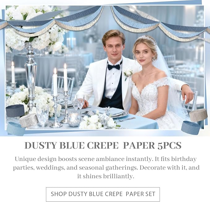 NICROLANDEE 5 Rolls Dusty Blue Grey Silver Crepe Paper Streamers for Wedding Decorations, Paper Garland Decoration for Something Blue Bridal Shower, Birthday, Bachelorette, Baby Shower Backdrop
