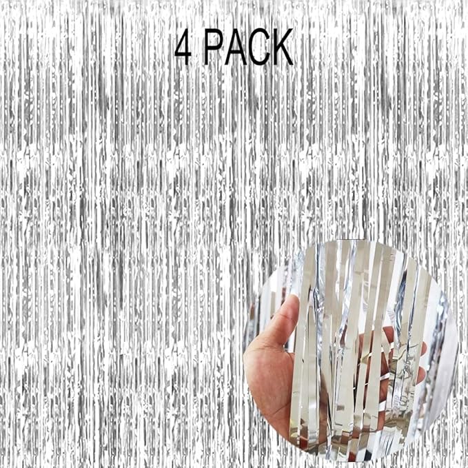 4 Pack Silver Foil Fringe Curtain - Metallic Tinsel Streamer Backdrop for Birthday Party Decorations