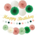 Sage-Green Pink Birthday Party-Decorations Paper-Flowers - 14pcs Happy Banner Spring Lanterns Tissue Pom Poms,Boho Streamers Garland Fans,Neutral Rustic Garden Office Hanging Supplies Decor Hugfond