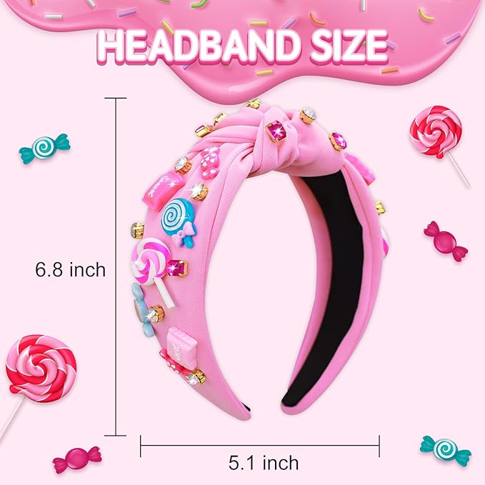 Candy Knotted Headbands for Women, Lollipop Sugar Charms Rhinestone Jeweled Wide Cute Headband for Girls, Fashion Hairband Hair Accessories Birthday Holiday Candyland Party Favors Gifts - Pink