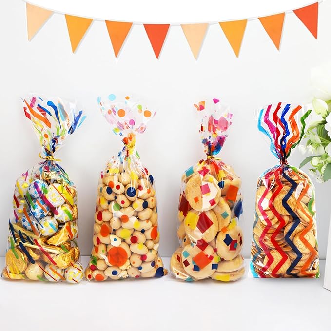 SOMIOCO Rainbow Cellophane Treat Bags Party Favor Bags 5x11 in 100 Pieces Plastic Candy Bags Gift Bags Goodie Bags with Twist Ties for Valentine, Birthday,Cookie Snack Packing Party Bags (4 Pattrerns)
