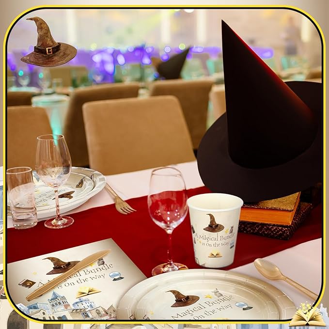350 Pcs Magical Wizard Party Decorations Supplies A Magical Bundle Is On The Way Tableware Set Disposable Plates Cups Napkins Cutlery for Birthday Shower Wizard Party, Serve 50