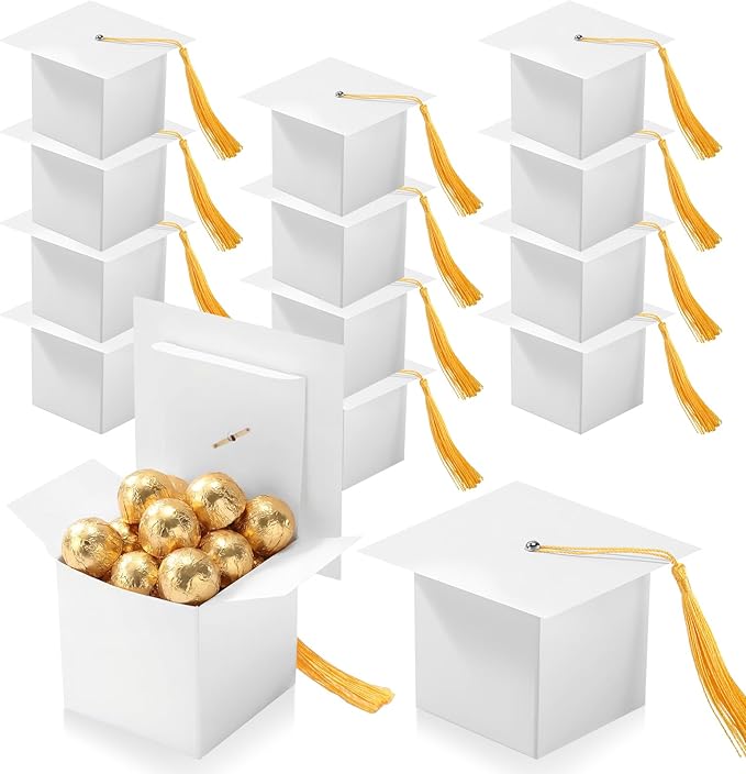 TaoBary 12 Pieces Graduation Candy Box Graduation Decorations Party Gift Boxes Graduate Cap Box Candy Chocolate Cookie Supplies for Ceremony Party(White)