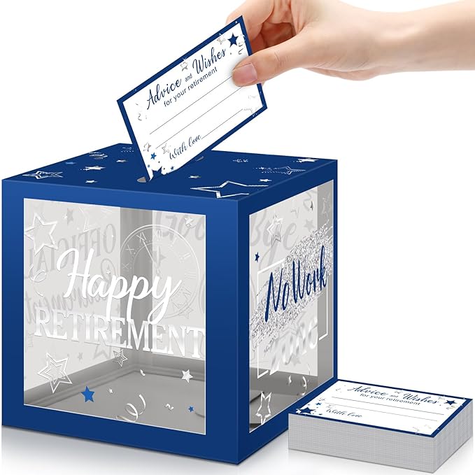 Funrous 51 Pcs Retirement Card Box Advice & Well Wishes Cards for Women Men Happy Retirement Party Decorations Going Away Party Favors(Blue and Grey)