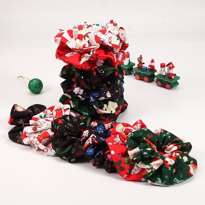 12PCS Christmas Hair Scrunchies for Women Girls Elastic Hair Ties Santa Claus Snowman Elk Bell Christmas Tree Snowflake Hair Accessories Christams Party Decor Gifts