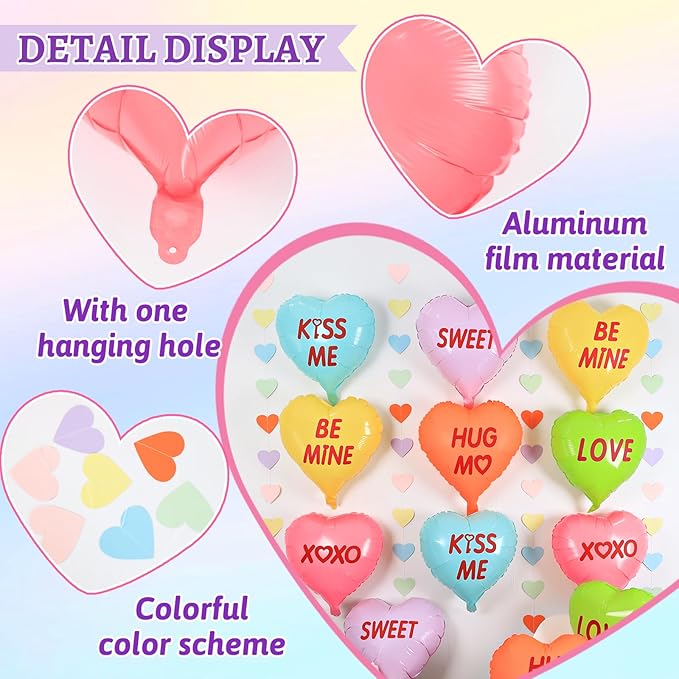 12pcs Valentine's Day Heart Balloons, 18 Inch Foil Heart Shaped Balloons With Heart Garland Valentines Galentines Day Decorations