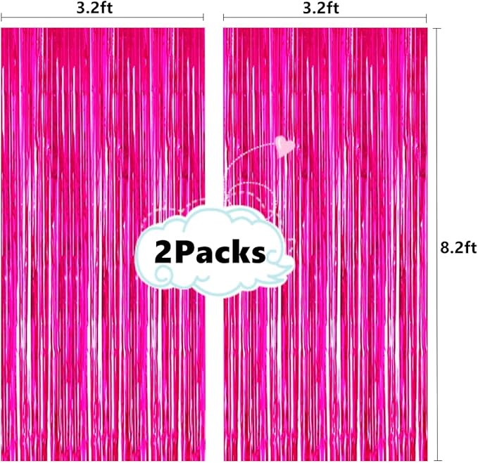 2 Pcs 3.2ft x 8.2ft Shiny Hot Pink Metallic Tinsel Foil Fringe Curtains Photo Booth Backdrop for Birthday Wedding Holiday Celebration Bachelorette Party Decorations