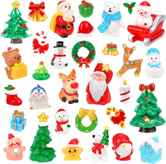 50Pcs Christmas Miniature Figurines 50 Style Christmas Mini Resin Crafts to Hide Tiny Small Santa Snowman Xmas Tree Reindeer Figurines for Xmas Stocking Goodie Bag Fillers Winter Party Dollhouse Decor