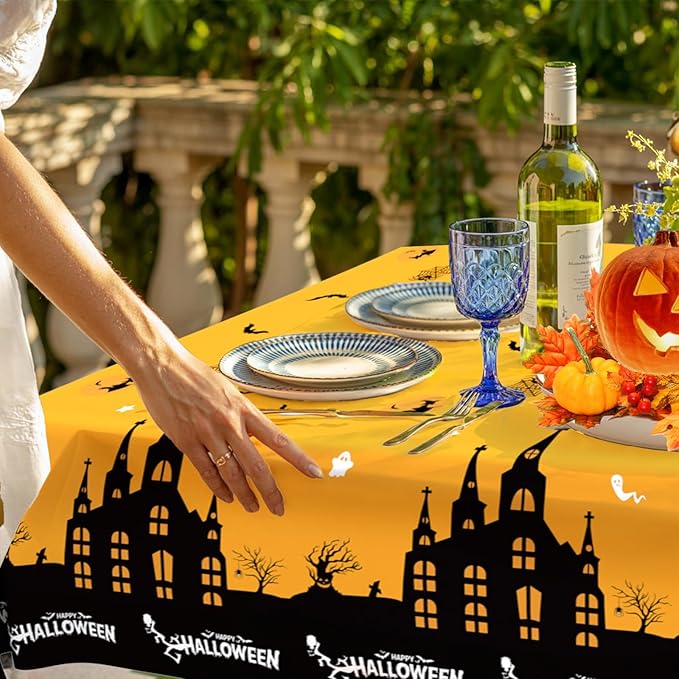 Halloween Tablecloth Halloween Decorations, 3 PCS Disposable Plastic Tablecloth Castle Bats Spider Web Rectangular Table Cover for Halloweens Party Favors Supplies Indoor Tables Decor 108 x 54 Inch