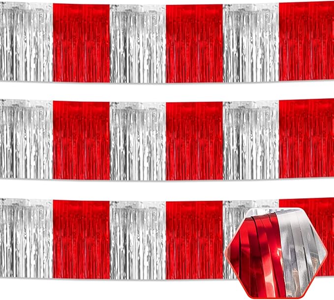3 Pack 10 Feet Red Silver Foil Fringe Garland Metallic Tinsel Streamers Banner Wall Hanging Curtain Backdrop for Parade Floats, Christmas Day, Thanksgiving, Birthday Party Decorations