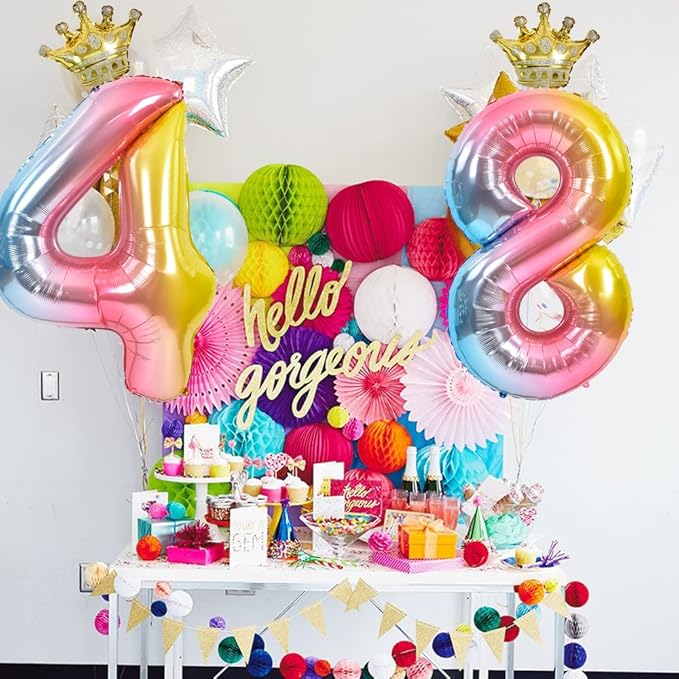 TONIFUL 40 Inch Rainbow Gradient Number 4 Balloon with Detachable Crown Foil Mylar Big Digital Four Colorful Balloon for Birthday Party,Wedding,Bridal Shower,Engagement Photo Shoot, Anniversary Decor