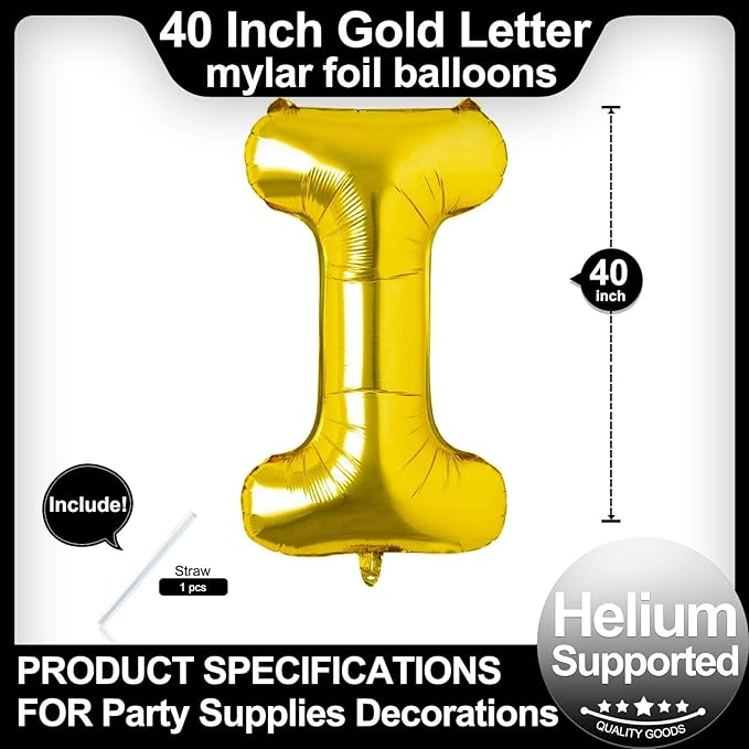 40 Inch Gold Letter I Balloons, DIY Phrase Foil Alphabet Letter I Balloons DIY Word I Banner for Birthday Anniversary Celebration Graduation Party Supplies Decoration