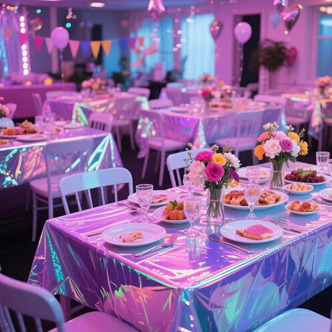 3 Packs Iridescent Plastic Tablecloths 54 x 108 Inch Shiny Disposable Laser Rectangle Table Covers Holographic Foil Table Cloths for Disco Ball Decor Carnivals Parties
