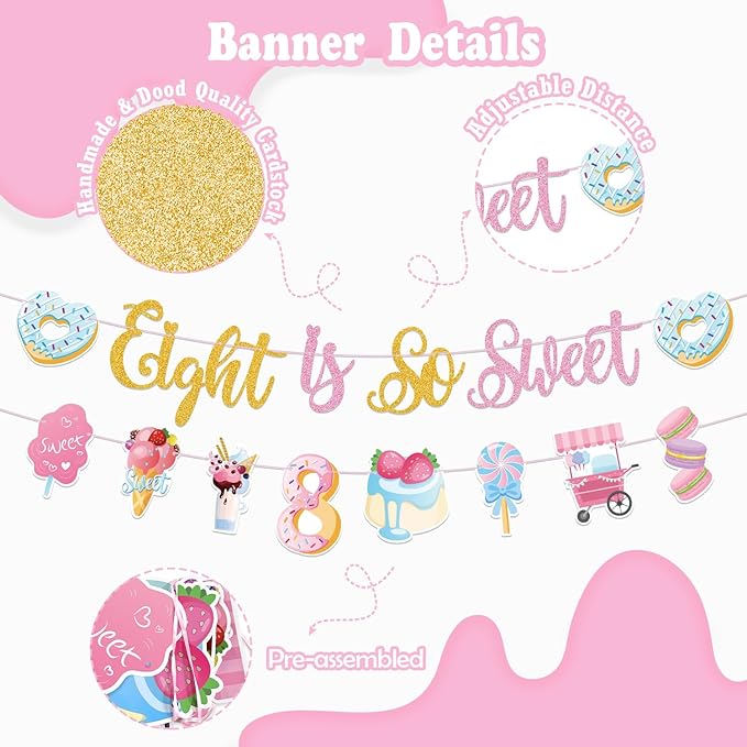 Sweet Sassy And Eight Birthday Decorations- 8th Birthday Decorations For Girls With Donut Banner Sweet Cake Topper 8th Foil Balloon For 8th Donut Themed Party Decor Sweet Eight Party Supplies