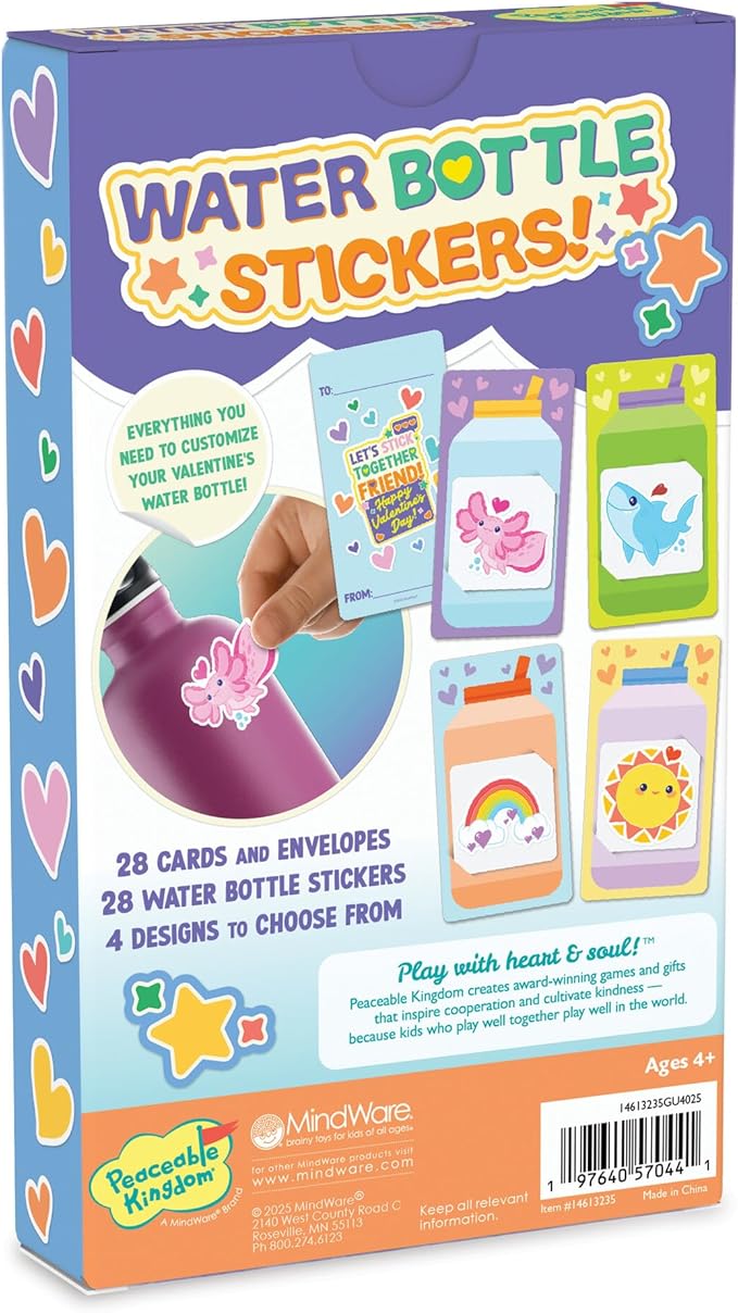 Peaceable Kingdom Valentine's Day Gift for Kids, Fun Party Favors for Classroom, Goodie Bag Stuffers - 28 Water Bottle Sticker Valentines