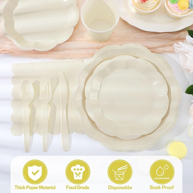 175 Pcs Ivory Plates and Napkins Set, 25 Guest Ivory Party Supplies Include Scalloped Plate Paper Napkin Cup Fork Knives Disposable Plastic Cutlery for Birthday Wedding Baby Shower Party