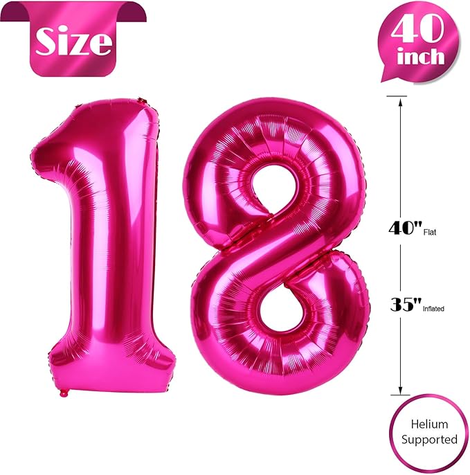 18 Balloon Number, Hot Pink Number 18th Birthday Balloons 40 Inch, 18 Years Old Hot Pink Birthday Decorations for Boys Girls, 18th Anniversary Decorations
