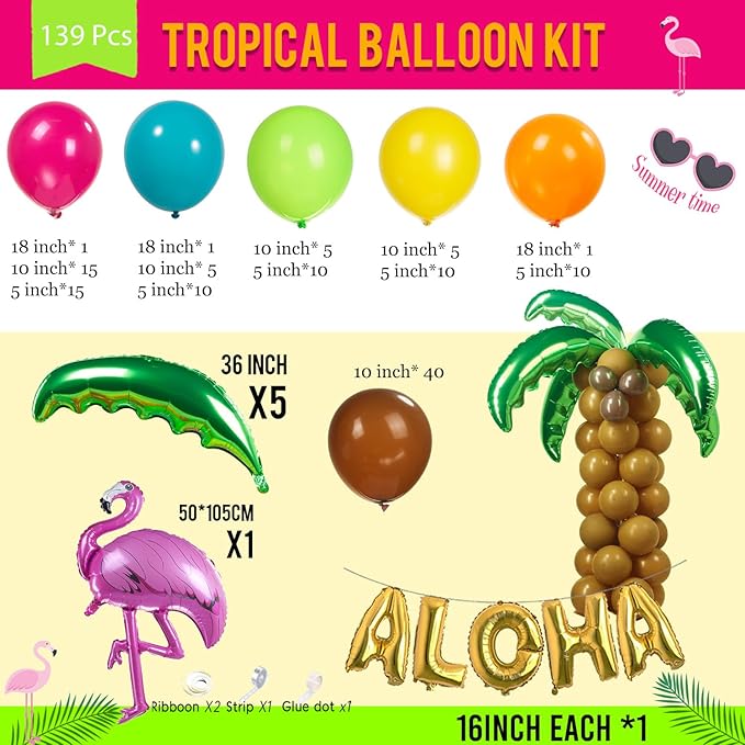 Tropical luau Balloon Garland Arch Kit Party Decoration with Flamingo Aloha Letter Coconut Tree foil balloons for Summer Hawaiian tiki luau Beach Theme Birthday Party Decorations (Pink Green Yellow)