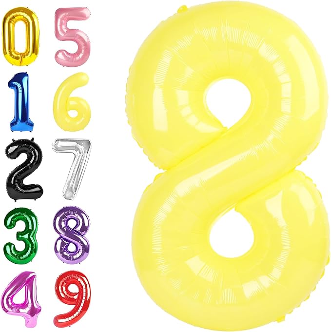 Balloon 8 Numbers, 40 Inch Yellow Foil Large Ballon for Women And Men, Balloons Decoration for Happy 8 18 28 80 Birthday, Wedding Anniversary, New Year, Halloween Party Decoration