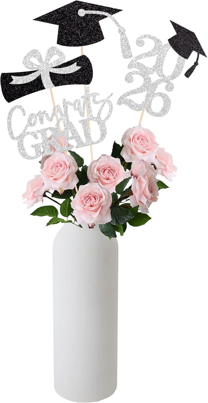 Gexolenu 16 PCS Silver and Black Double-Sided 2026 Graduation Centerpieces for Tables, 2026 Table Toppers Party Centerpiece Sticks Party Supplies, Graduation Party Decorations Class of 2026, Set of 4
