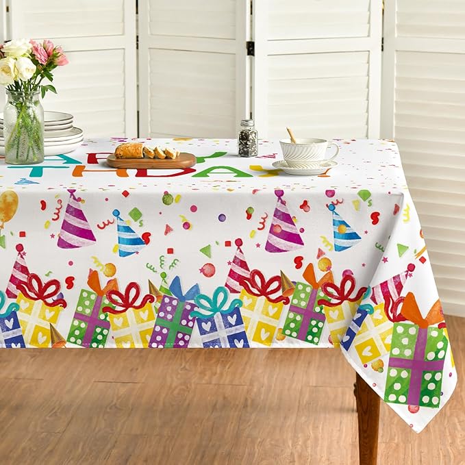 Horaldaily Birthday Tablecloth 60x104 Inch Rectangular, Happy Birthday Ballon White Washable Seasonal Table Cover for Party Picnic Dinner Decor