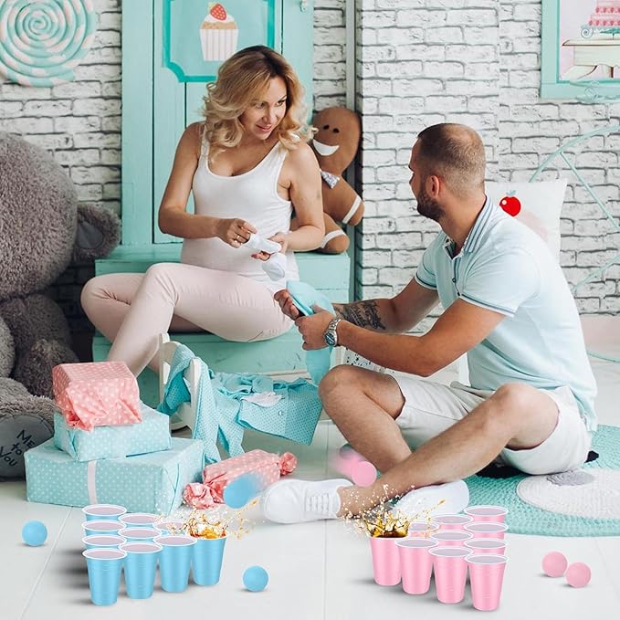 32 Pcs Gender Reveal Party Game Set Include 16oz Pink Blue Plastic Cups with 8 Balls, Cups for Party Decor Juice Beverage Outdoor Toss Game Supplies