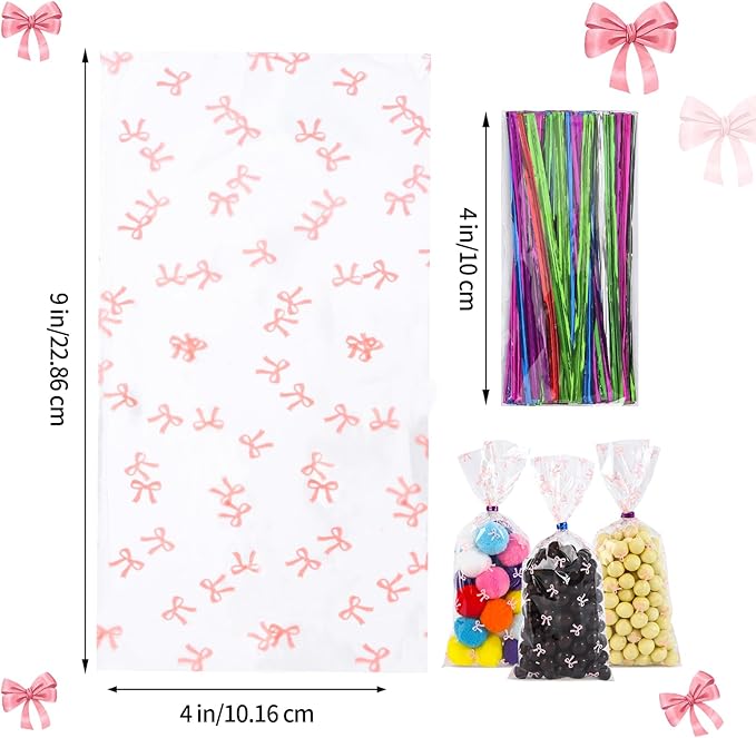 SOMIOCO Clear Cello Cellophane Treat Party Favor Bags Pink Candy Cookie Plastic gift Goodie Bags with Twist Tie for Birthday,Baby shower,Wedding,Party(Bow Pattern) 100 PCS 4X9 In