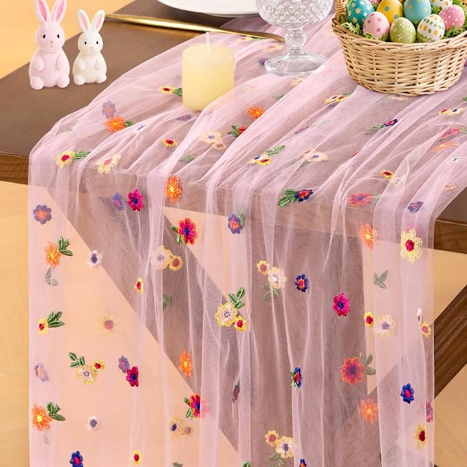 Socomi Pink Embroidery Daisy Spring Easter Floral Wildflower Tulle Gauze CheeseclothTable Runners for Wedding Party Baby Shower Birthday Holiday Picnic Home Decor 1pc