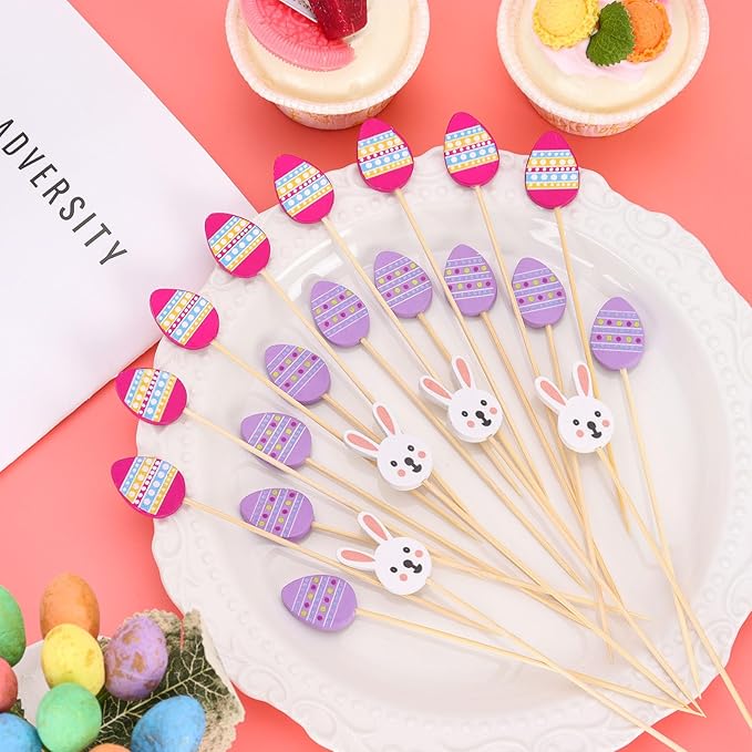 100 Pcs Easter Toothpicks, 4.72 Inch Easter Cocktail Picks for Appetizers, Long Bamboo Toothpicks, Decorative Toothpicks Skewers for Holiday Birthday Party Decorations (Easter Rabbit and Egg)