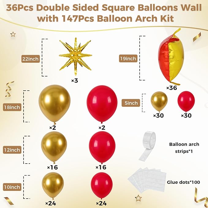 36pcs Red and Gold Square Foil Balloons Wall Backdrop with 147pcs Balloon Garland Arch Kit, Double Sided Balloons for Valentine's Day Wedding Birthday Engagement Anniversary Party Decorations