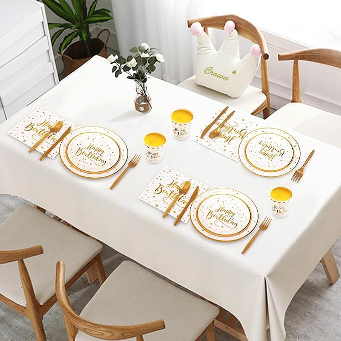 White and Gold Happy Birthday Party Plates Set, 168PCS Stars Dots Paper Plates Napkins Cups and Gold Cutlery Set, 24 Set Disposable Tableware Set for Birthday Party Decorations