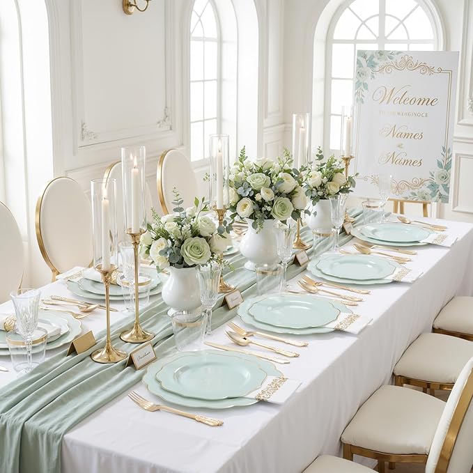 NOCCUR 175PCS Sage Green Plastic Plates with Gold Disposable Silverware - Include 50 Green and Gold Plastic Plates,25 Knives,25 Forks,25 Spoons,25 Cups and 25 Napkins - Easter Day/Spring Party